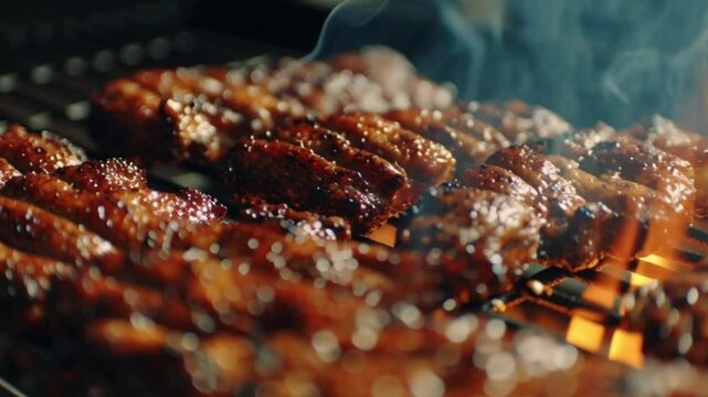 Cinematic Close-Up View of Pork Ribs Smoking on a Barbecue Grill, Showcasing the Rich Texture, Rising Smoke, Glowing Embers, and Mouthwatering Juiciness of Slow-Cooked, Flavorful Barbecue Perfection