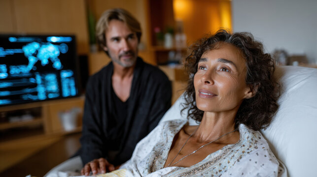 An intimate portrayal of a woman receiving compassionate care in a modern home healthcare environment, showing the significance of empathy and emotional support in life.