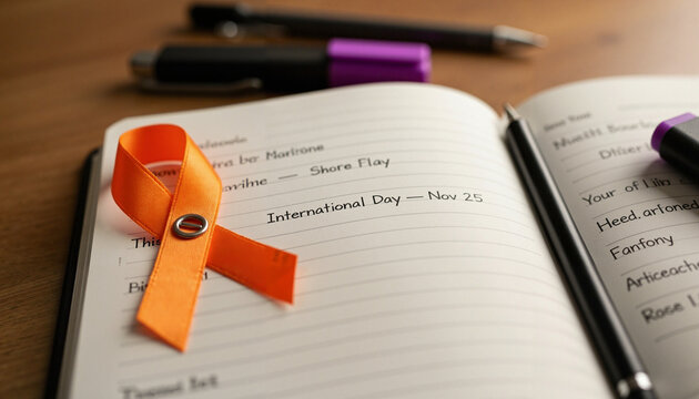 Orange awareness ribbon on notebook with notes for International Day   - Powered by Adobe
