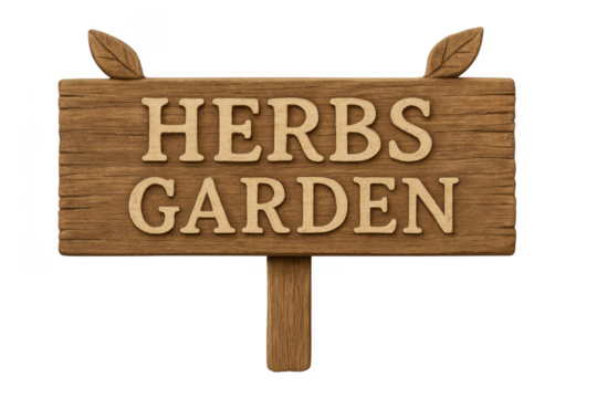 Wooden sign standing with herbs garden text