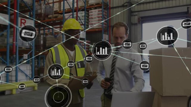 Lead pointing scanner, worker donning helmet checking clipboard as data overlays swelling for stock - Powered by Adobe