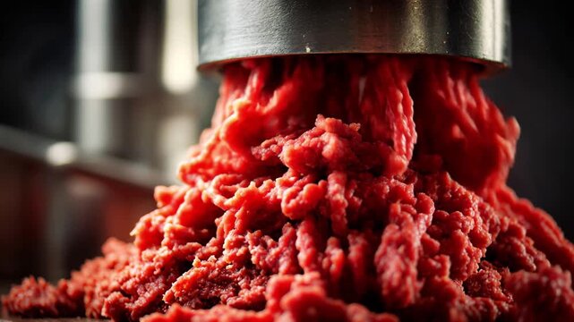 Fresh Minced Meat Being Processed by a Grinder