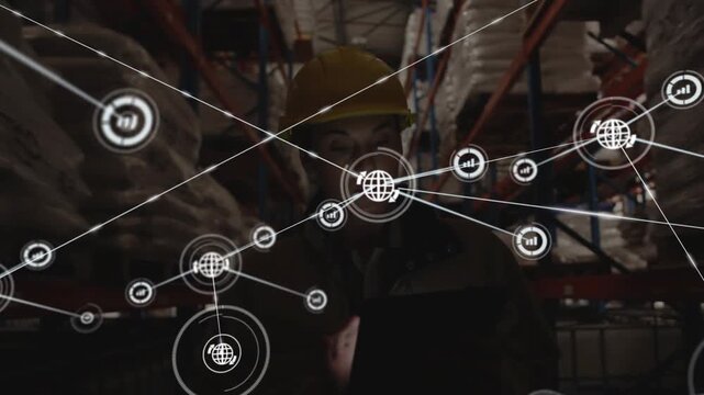 Woman warehouse worker tapping tablet, causing HUD network growth, covering racks, monitoring stock - Powered by Adobe