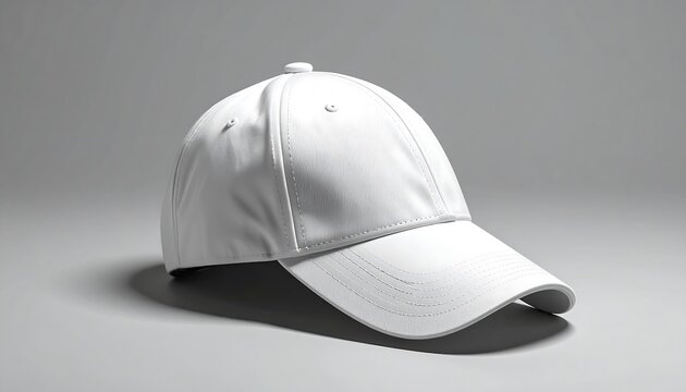 A pristine white baseball cap rests in a studio setting, its curved visor facing towards the viewer and casting a soft shadow