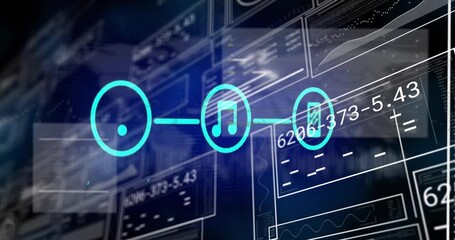 Marking South America cyan rings expanding glowing node moving three icons linking for network data - Powered by Adobe