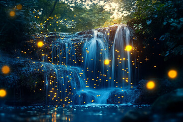 A waterfall surrounded by floating fireflies, glowing like tiny lanterns  