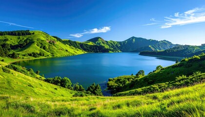 Vibrant Green Rolling Hills Surround a Serene Blue Lake Under a Clear Bright Sky with Soft White Clouds and Distant Hazy Mountains a Picturesque Landscape on a Sunny Day