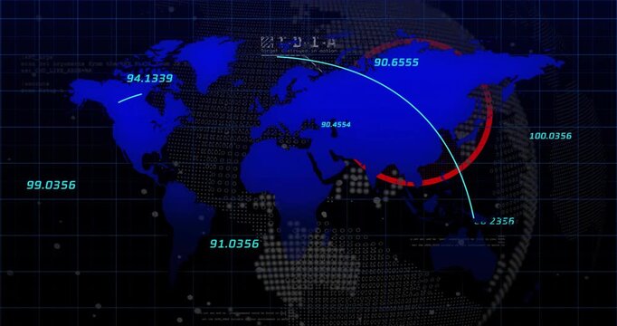 Aircraft icon appearing, tracing cyan map arcs, splitting, vanishing, red arc alert tracking routes