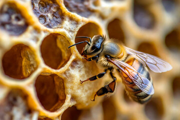 A worker bee feeding the queen inside a beehive