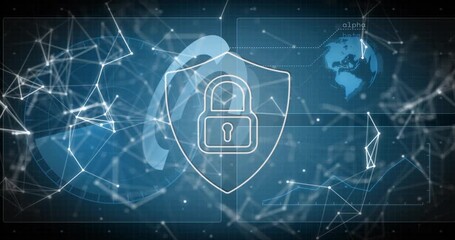 Node mesh forming, starting shield lock centering, globe fading, chart rising, showing security - Powered by Adobe