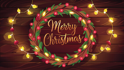 Festive merry christmas wreath with red berries and green leaves illuminated by warm string lights on a wooden background