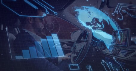 Male driver sitting while HUD activating, projecting globe and growing chart for business analytics - Powered by Adobe