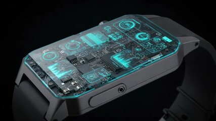 Smartwatch with digital interface on black background - Powered by Adobe