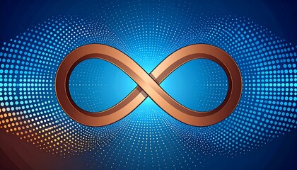 A stylized image features an infinity symbol, a figure eight, rendered in metallic brown. It's set against a blue dot pattern