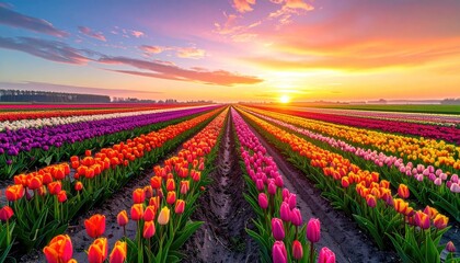 Vibrant Rows Of Tulips In Full Bloom Under A Fiery Sunset Sky With Dramatic Clouds And Silhouetted Trees In The Distance A Picturesque Landscape