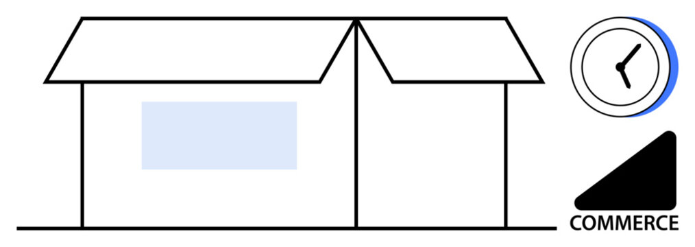 Minimalist box-shaped building representing a storefront, paired with a clock and commerce triangle. Ideal for small business, retail, trade, online shopping, schedules, productivity, simple flat