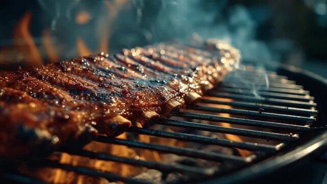 Cinematic Close-Up View of Pork Ribs Smoking on a Barbecue Grill, Showcasing the Rich Texture, Rising Smoke, Glowing Embers, and Mouthwatering Juiciness of Slow-Cooked, Flavorful Barbecue Perfection