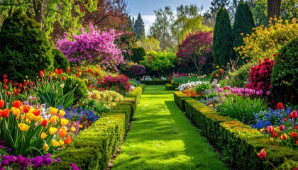 Vibrant Spring Garden Pathway Lined With Blooming Tulips Roses And Lush Greenery Under Soft Sunlight
