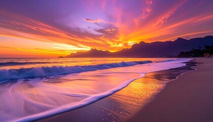 Vibrant Sunset Over a Coastal Beach Reflecting Fiery Orange and Purple Hues on Wet Sand and Gentle Waves