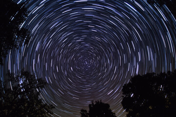 A zoom-blur effect applied to a star trail capture  