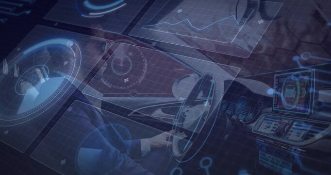 Driver holding wheel system booting HUD over dash code and dials animating showing driving system