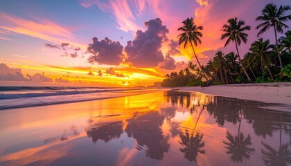 Vibrant Tropical Beach Sunset With Palm Trees And Reflection In Calm Water Golden Hour Ocean View With Footprints Leading To The Sea