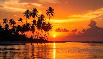 Vibrant Tropical Beach Sunset With Palm Trees Reflecting In The Calm Ocean Water Under A Dramatic Orange Sky