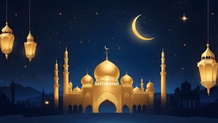 Crescent Moon Mosque Silhouette with Hanging Lanterns Ramadan Kareem