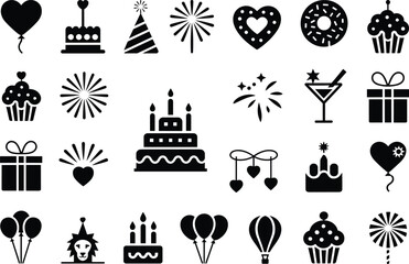 Celebration icons, party clipart, festive silhouette, balloons, birthday cake, cupcake, donut, cocktail glass