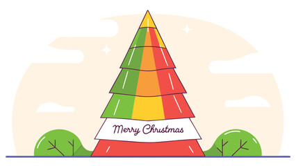 Stylized flat design christmas tree with colorful layers and merry christmas text on a pale background