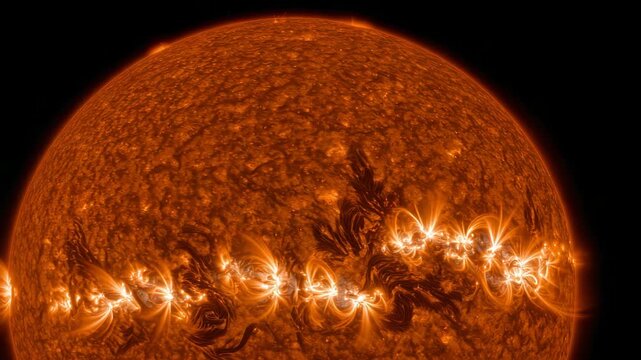 Solar surface details with bright arcs against a dark background
