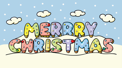 Whimsical merry christmas greeting with colorful candy letters and falling snow against a winter sky