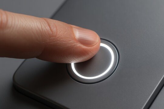 Finger pressing illuminated circular button on sleek gray control panel macro close up