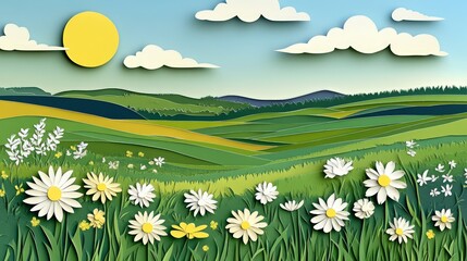 Layered paper hills and daisies under a bright sun