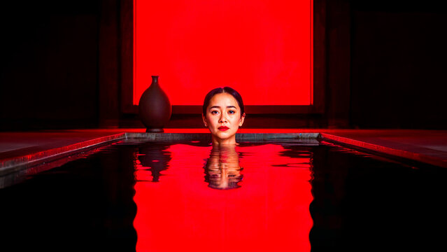 loneliness bathroom woman portrait red frame bath