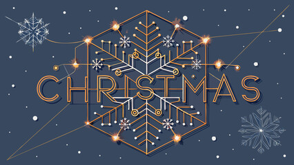 Modern geometric christmas snowflake design with sparkling lights and falling snowflakes on dark blue background
