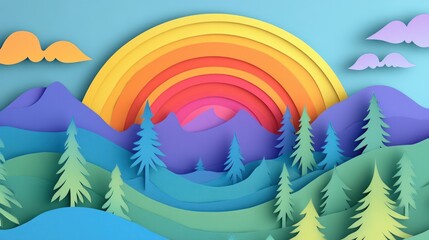 Paper cutout landscape with layered mountains, trees, sun, clouds