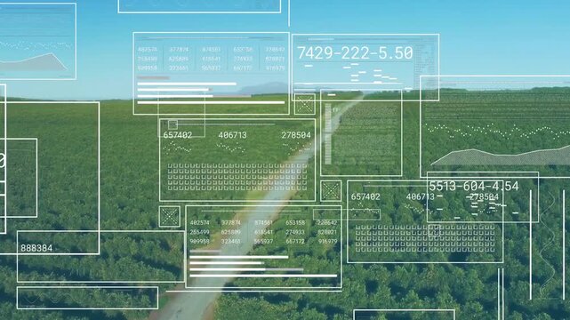Drone moving down dirt road starting AR overlays, green then dark units appearing, monitoring crops
