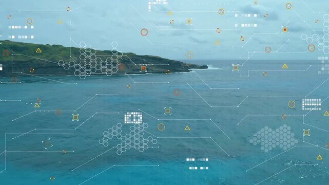 Starting frame two faint HUD markers appearing over teal sea, forming clusters mapping headland