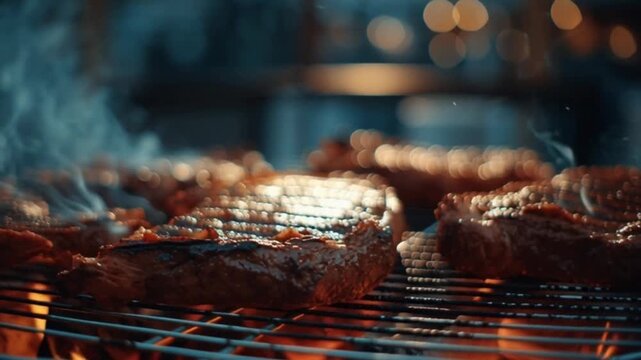 Cinematic Close-Up of Meat Smoking on a Barbecue Grill, Showcasing Juicy Texture, Rising Smoke, Glowing Embers, and Rich, Savory Flavor in a Mouthwatering Outdoor Cooking Scene