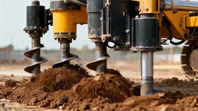 Medium shot capturing helical piles being screwed into soil using specialized equipment for stable deep foundation installation.