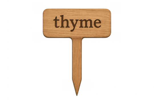 Wooden plant marker displaying thyme word