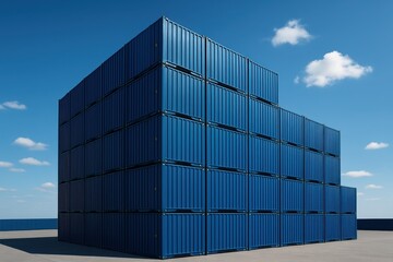 Fototapeta premium Stacked blue shipping containers under bright sky logistics and freight transport concept