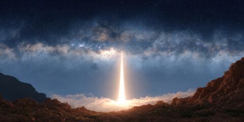 Fototapeta premium Rocket launch event mountain landscape digital art night sky elevated viewpoint space exploration concept