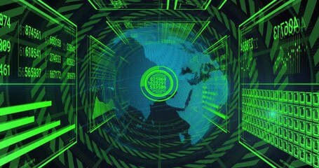 Green beams forming dot globe, globe rotating in HUD tunnel, reticle pulsing, panels scanning data - Powered by Adobe