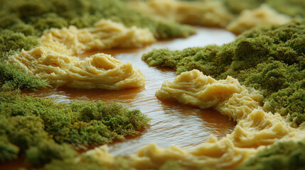 mashed potatoes landscape with gravy river food art macro shot