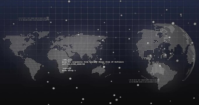 On load dotted globe rotating, flat map staying still, code sliding, dots drifting showing data