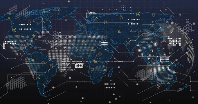 Incoming data activating dotted map, tracing outlines, adding markers, linking lines for analysis