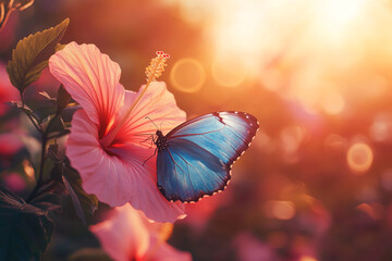 blue morpho butterfly resting on bright pink hibiscus flower, illuminated by golden sunlight