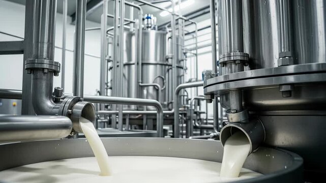 Milk processing at modern dairy plant with stainless steel equipment